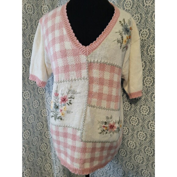 Knit & Pearl Collectibles Sweaters - Vintage 90s Knit & Pearl Collectibles Patchwork Sweater Large Cotton Ramie Pink